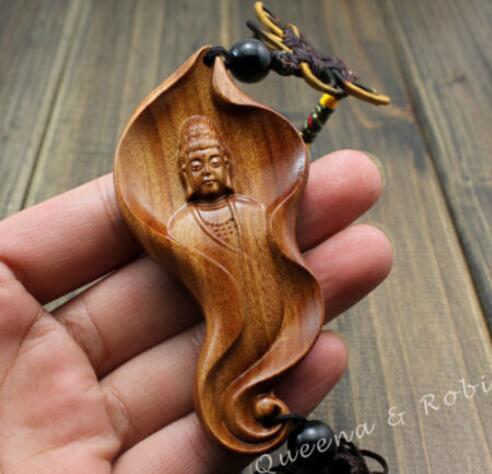 Chinese Knot Wood Carving Leaf Guan Kwan Yin Buddha Statue Car Pendant Amulet